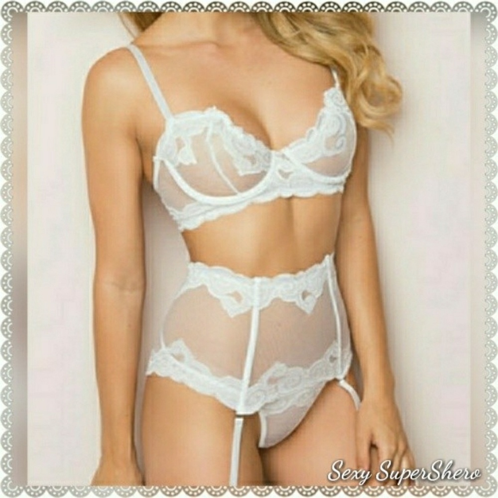 💣BLACK FRIDAY SALE!⚡🆕Bridal White Embroidery 4p Lingerie set Cincher - Picture 2 of 7